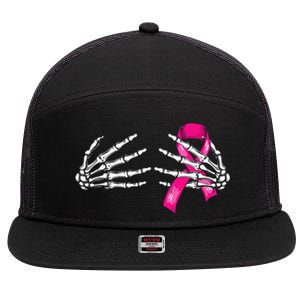 Halloween Boob Skeleton Hand On Breast Cancer Ribbon 7 Panel Mesh Trucker Snapback Hat