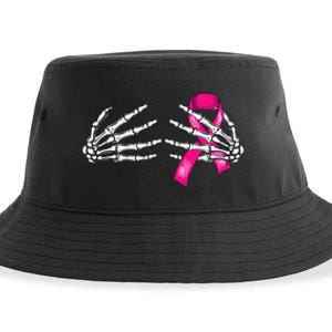 Halloween Boob Skeleton Hand On Breast Cancer Ribbon Sustainable Bucket Hat