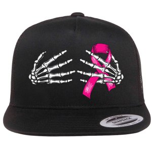 Halloween Boob Skeleton Hand On Breast Cancer Ribbon Flat Bill Trucker Hat