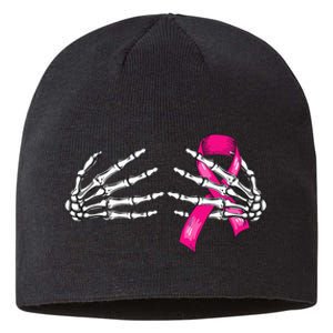 Halloween Boob Skeleton Hand On Breast Cancer Ribbon Sustainable Beanie