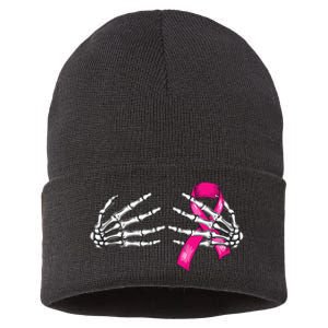 Halloween Boob Skeleton Hand On Breast Cancer Ribbon Sustainable Knit Beanie