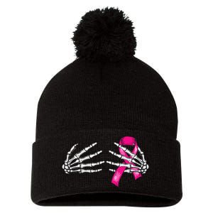 Halloween Boob Skeleton Hand On Breast Cancer Ribbon Pom Pom 12in Knit Beanie