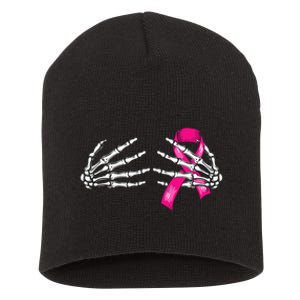 Halloween Boob Skeleton Hand On Breast Cancer Ribbon Short Acrylic Beanie