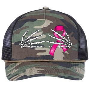 Halloween Boob Skeleton Hand On Breast Cancer Ribbon Retro Rope Trucker Hat Cap