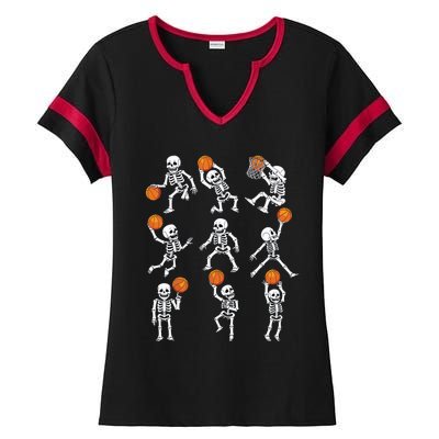 Halloween Basketball Skeletons Dunking Dribble Boy Ladies Halftime Notch Neck Tee