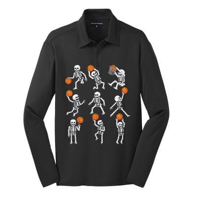 Halloween Basketball Skeletons Dunking Dribble Boy Silk Touch Performance Long Sleeve Polo