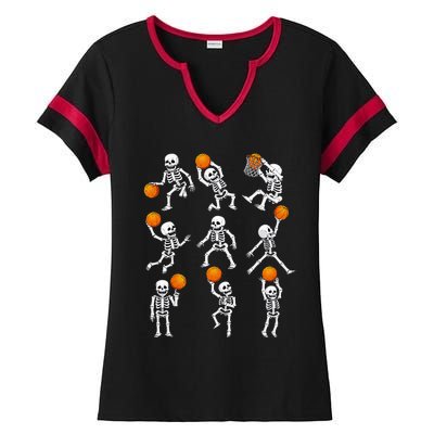 Halloween Basketball Skeletons Dunking Dribble Ladies Halftime Notch Neck Tee