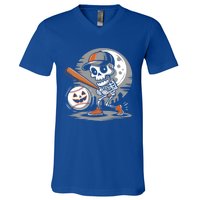 Halloween Baseball Skeleton Pitcher Catcher Baseballer Gift V-Neck T-Shirt