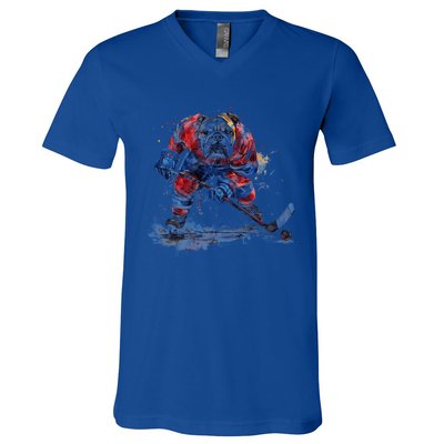 Hockey Bulldog Sports Fan Funny Ice Hockey Player Gift V-Neck T-Shirt