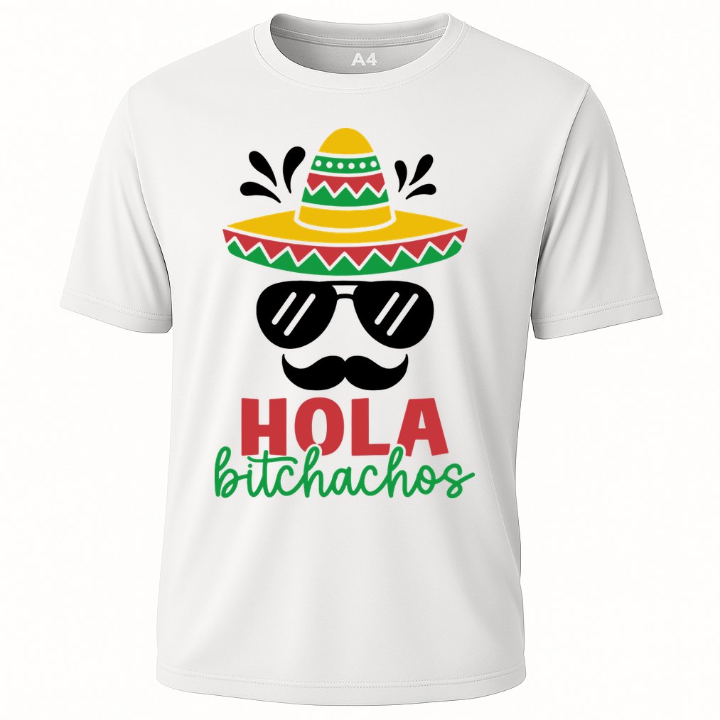Hola Bitchachos Sombrero Sunglasses And Mustache Cinco De Mayo Mexico Vacation Cooling Performance Crew T-Shirt