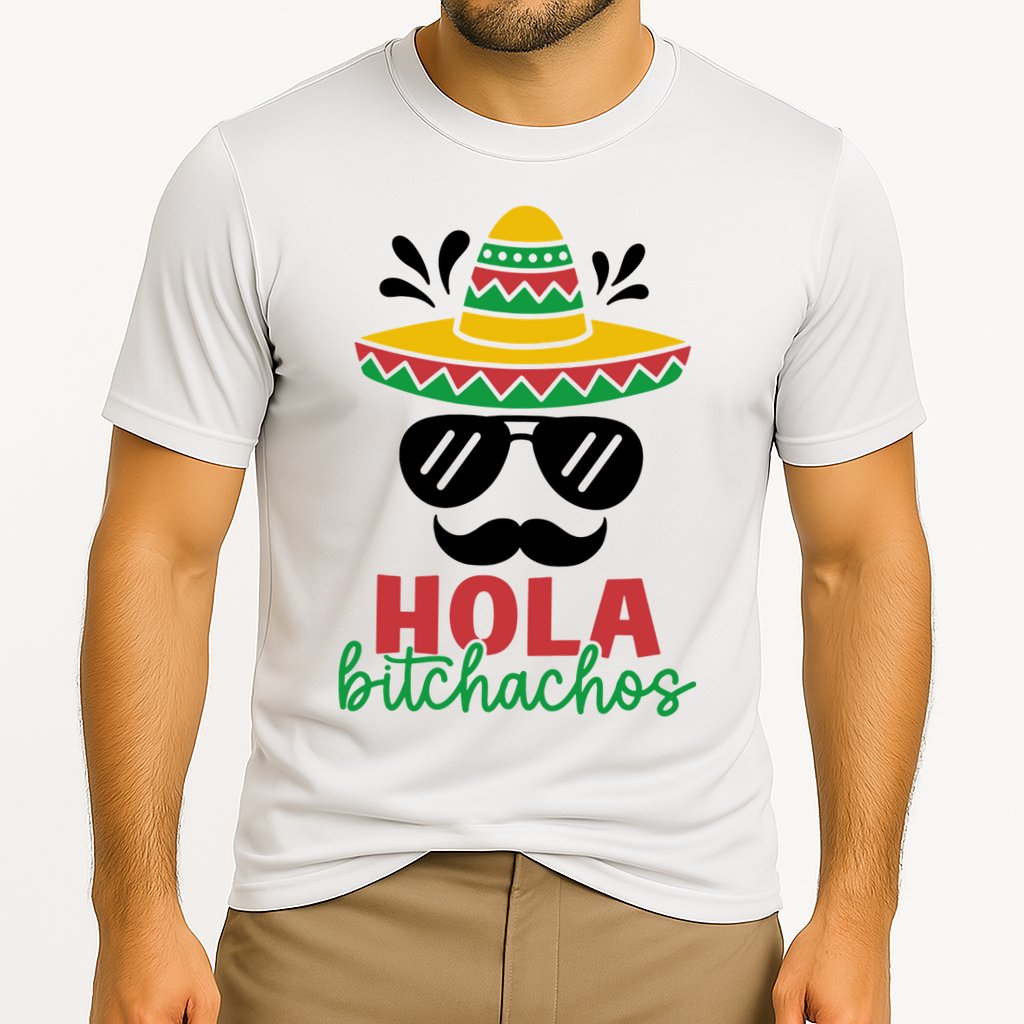 Hola Bitchachos Sombrero Sunglasses And Mustache Cinco De Mayo Mexico Vacation Cooling Performance Crew T-Shirt
