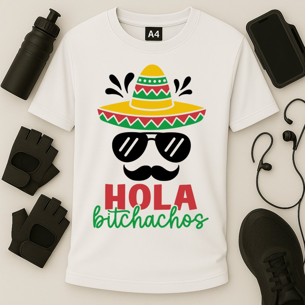 Hola Bitchachos Sombrero Sunglasses And Mustache Cinco De Mayo Mexico Vacation Cooling Performance Crew T-Shirt