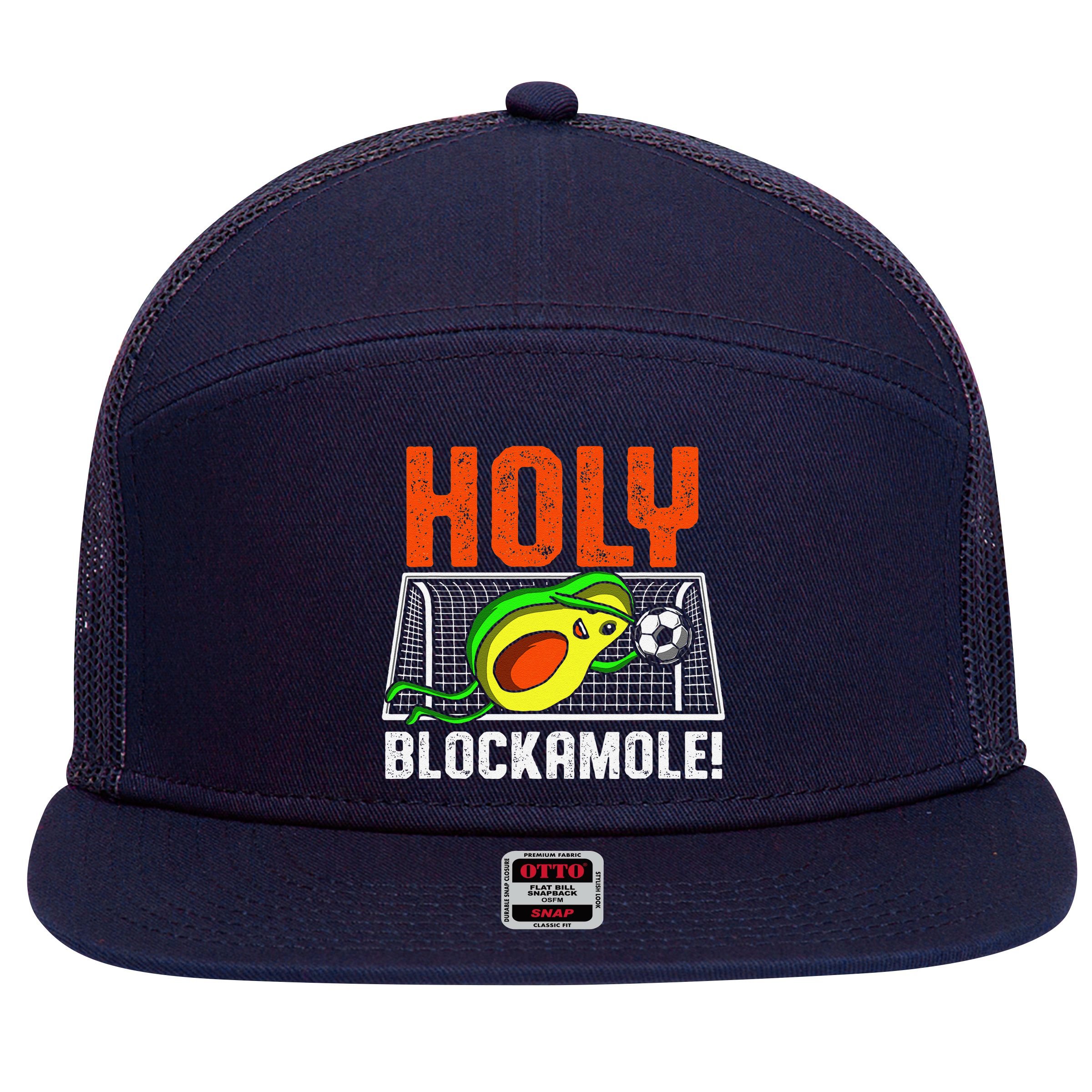 Holy Blockamole Soccer Blocker Funny Avocado Goalie Gift 7 Panel Mesh Trucker Snapback Hat