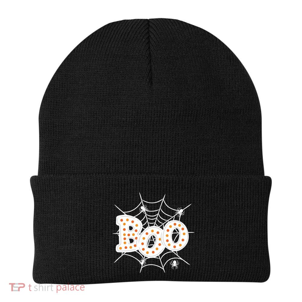 Halloween Boo Spider Web Spooky Season Knit Cap Winter Beanie
