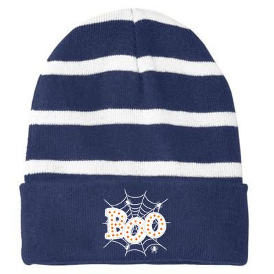 Halloween Boo Spider Web Spooky Season Striped Beanie with Solid Band