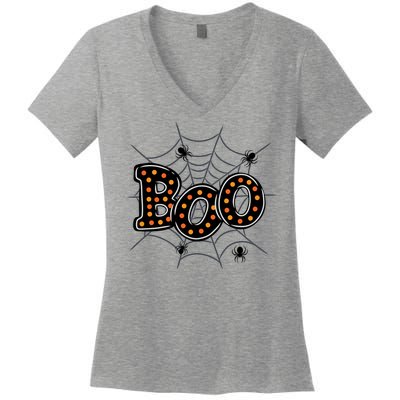 Halloween Boo Spider Web Spooky Season Women's V-Neck T-Shirt