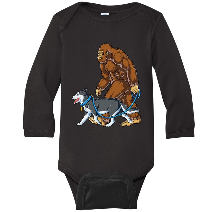 Husky Bigfoot Siberian Dog Walker Sasquatch Walking Lovers Baby Long Sleeve Bodysuit