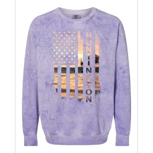 Huntington Beach Summer Sunset American Flag Meaningful Gift Colorblast Crewneck Sweatshirt