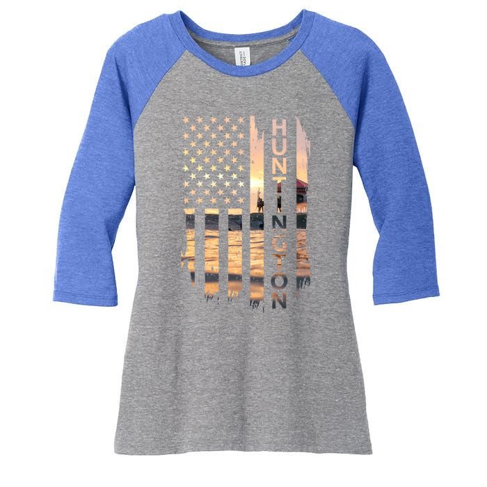 Huntington Beach Summer Sunset American Flag Meaningful Gift Women's Tri-Blend 3/4-Sleeve Raglan Shirt