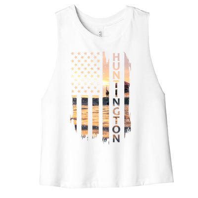 Huntington Beach Summer Sunset American Flag Meaningful Gift Women's Racerback Cropped Tank