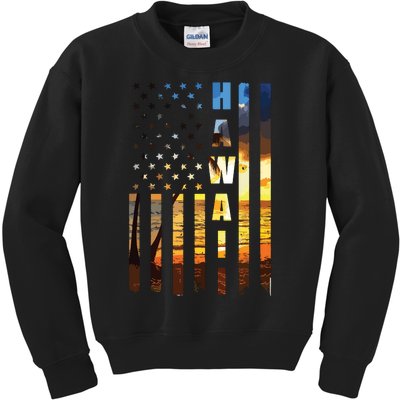 Hawaii Beach Sunset American Flag Hawaiian Island Trip Kids Sweatshirt