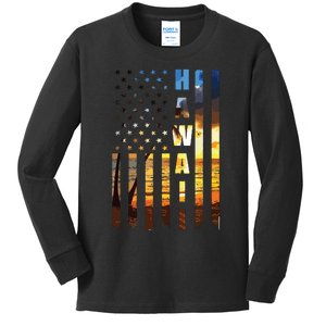 Hawaii Beach Sunset American Flag Hawaiian Island Trip Kids Long Sleeve Shirt