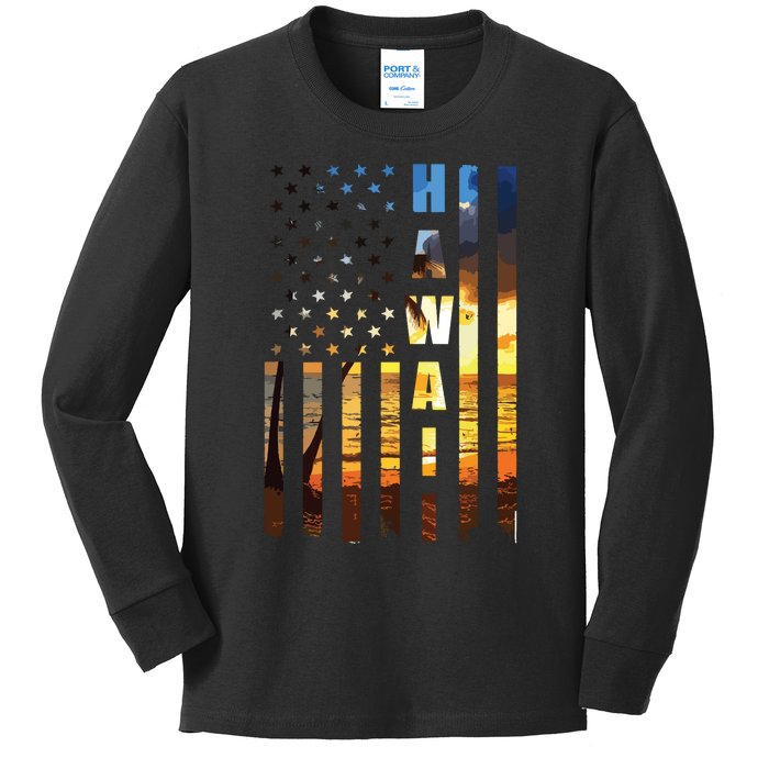 Hawaii Beach Sunset American Flag Hawaiian Island Trip Kids Long Sleeve Shirt