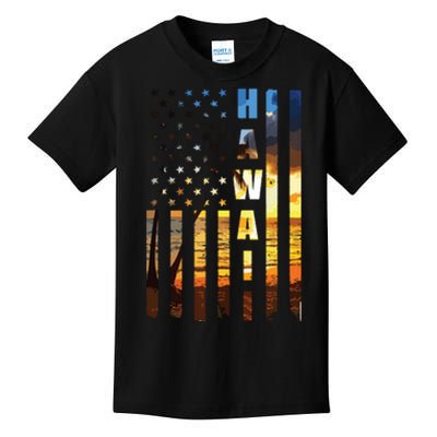 Hawaii Beach Sunset American Flag Hawaiian Island Trip Kids T-Shirt