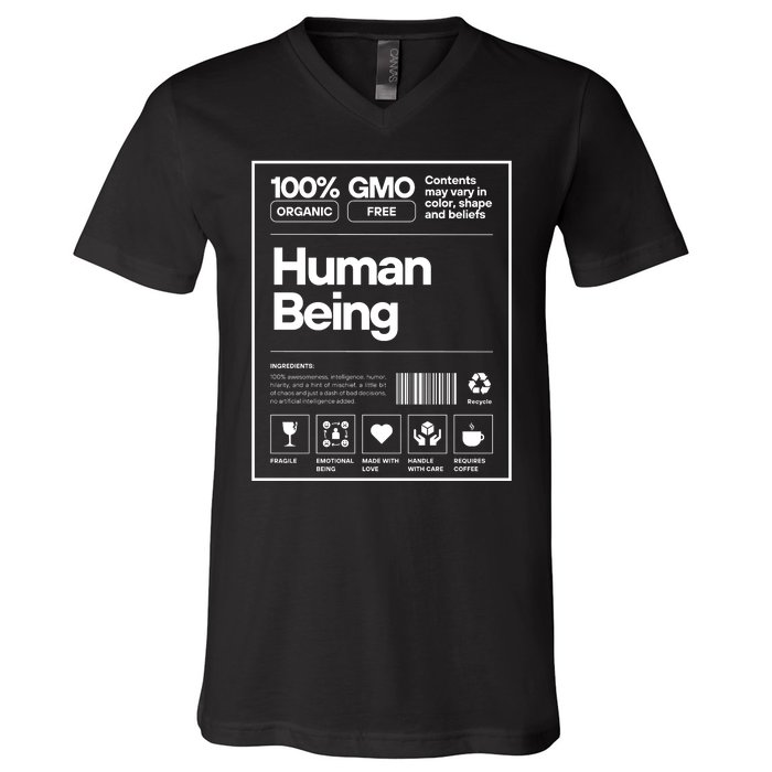 Human Being Science Ingredients Medical Label Funny V-Neck T-Shirt