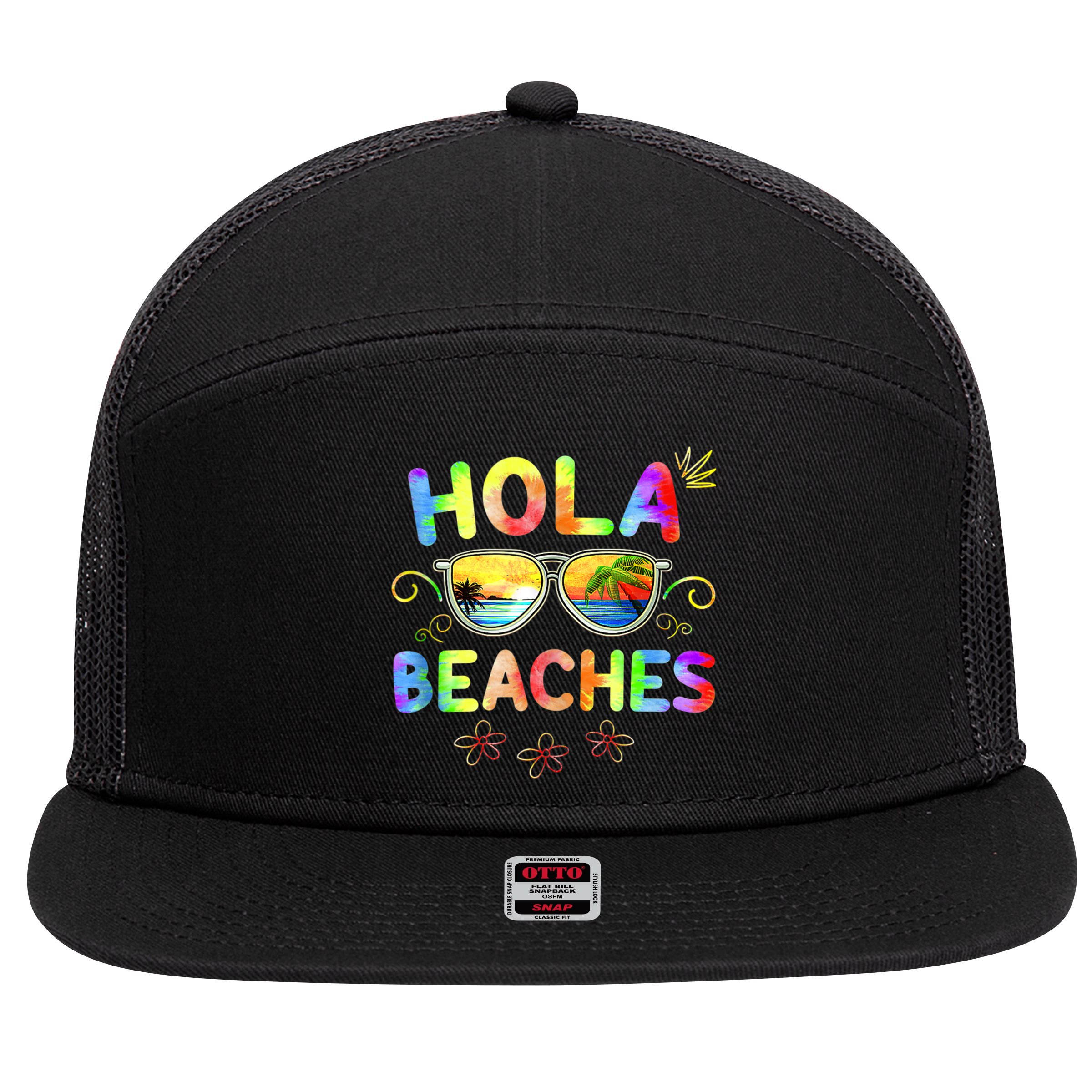 Hola Beaches Tie Dye Funny Beach Vacation Summer 7 Panel Mesh Trucker Snapback Hat