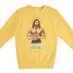 Hallowed Be Thy Gains Jesus Weight Lifting Workout Gift Premium Crewneck Sweatshirt