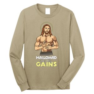 Hallowed Be Thy Gains Jesus Weight Lifting Workout Gift Long Sleeve Shirt