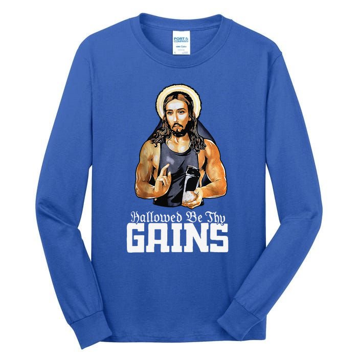 Hallowed Be Thy Gains Jesus Weight Lifting Workout Tall Long Sleeve T-Shirt