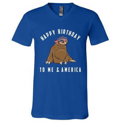 Happy Birthday To Me And America Patriotic Sloth 4th Of July Gift V-Neck T-Shirt