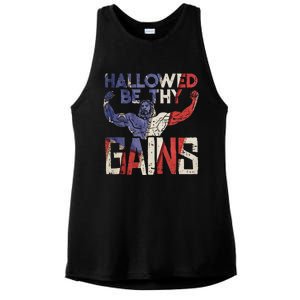 Hallowed Be Thy Gains Jesus Funny Workout Gym Fit Muscle Ladies PosiCharge Tri-Blend Wicking Tank