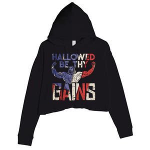 Hallowed Be Thy Gains Jesus Funny Workout Gym Fit Muscle Crop Fleece Hoodie