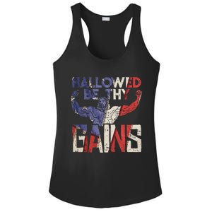 Hallowed Be Thy Gains Jesus Funny Workout Gym Fit Muscle Ladies PosiCharge Competitor Racerback Tank