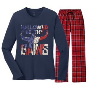 Hallowed Be Thy Gains Jesus Funny Workout Gym Fit Muscle Women's Long Sleeve Flannel Pajama Set 