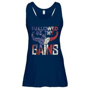 Hallowed Be Thy Gains Jesus Funny Workout Gym Fit Muscle Ladies Essential Flowy Tank