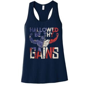 Hallowed Be Thy Gains Jesus Funny Workout Gym Fit Muscle Women's Racerback Tank