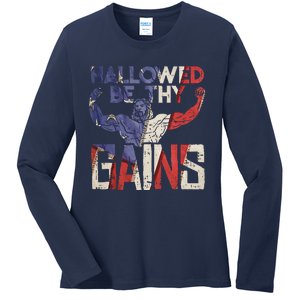 Hallowed Be Thy Gains Jesus Funny Workout Gym Fit Muscle Ladies Long Sleeve Shirt