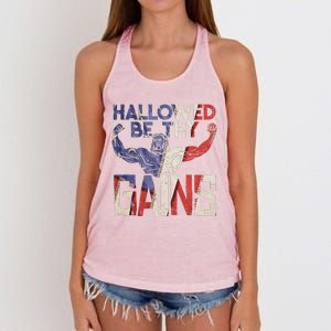 Hallowed Be Thy Gains Jesus Funny Workout Gym Fit Muscle Women's Knotted Racerback Tank