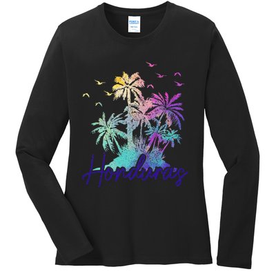 Honduras Beach Vintage Palm Trees Vacation Ladies Long Sleeve Shirt