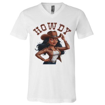 Howdy Black Women Western Rodeo Melanin Black Cowgirl V-Neck T-Shirt