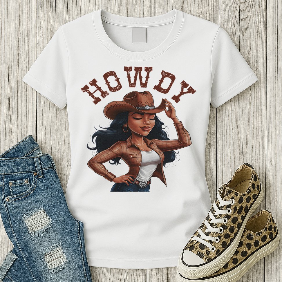 Howdy Black Women Western Rodeo Melanin Black Cowgirl Womens T-Shirt