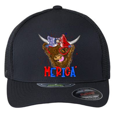 Highland Cow 4th Of July Cow With Bandana Us Flag Patriotic Meaningful Gift Flexfit Unipanel Trucker Cap