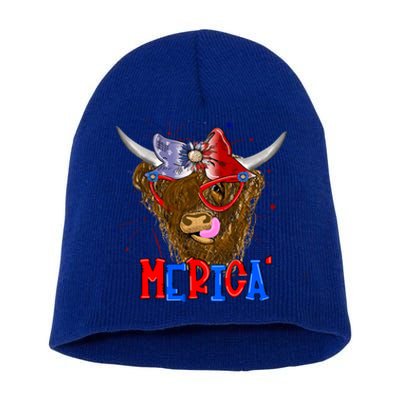 Highland Cow 4th Of July Cow With Bandana Us Flag Patriotic Meaningful Gift Short Acrylic Beanie