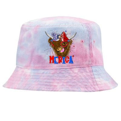 Highland Cow 4th Of July Cow With Bandana Us Flag Patriotic Meaningful Gift Tie-Dyed Bucket Hat