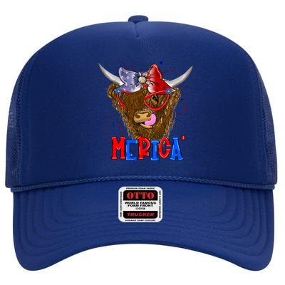 Highland Cow 4th Of July Cow With Bandana Us Flag Patriotic Meaningful Gift High Crown Mesh Back Trucker Hat