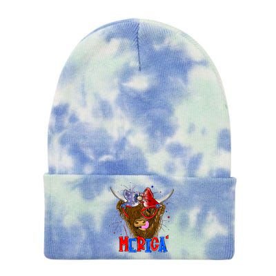 Highland Cow 4th Of July Cow With Bandana Us Flag Patriotic Meaningful Gift Tie Dye 12in Knit Beanie